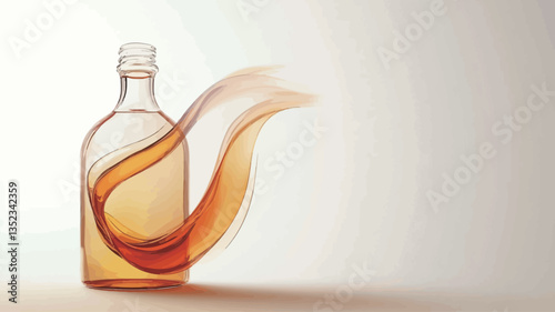 The image shows a clear glass bottle filled with an amber-colored liquid. A dynamic, swirling stream of the same liquid appears to be flowing from the bottle, forming an abstract, wave-like shape