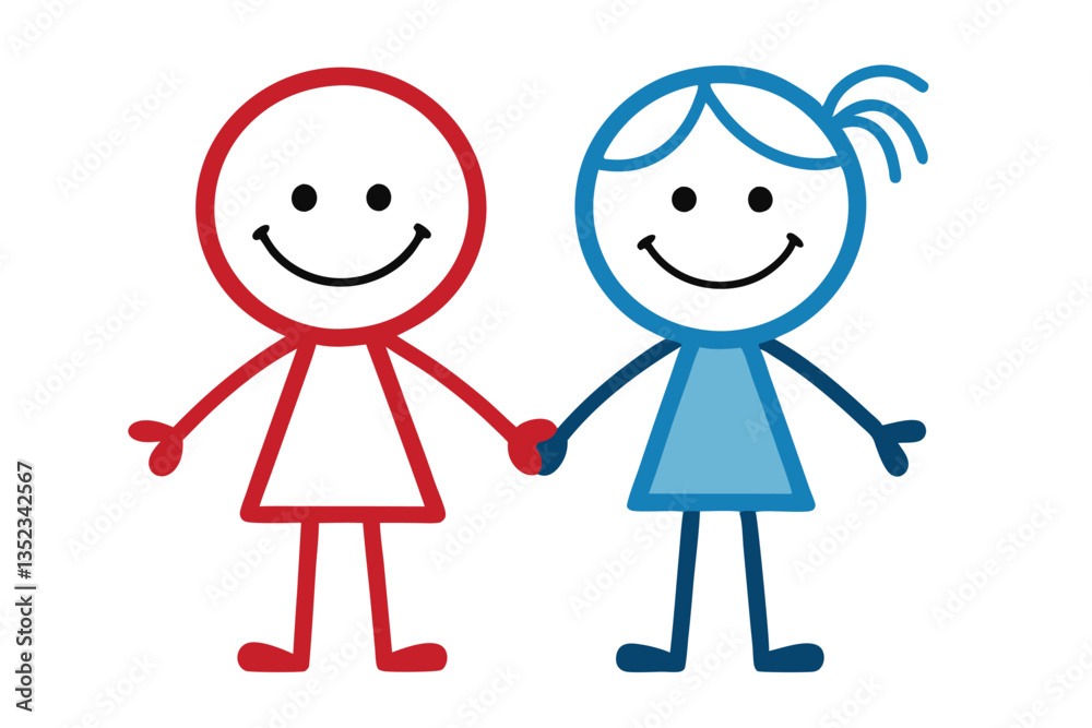 Smiling Stick Figures Red Boy and Blue Girl Holding Hands, White Background, Simple Design Smiling Stick Figures Red Boy and Blue Girl Holding Hands, White Background, Simple Design