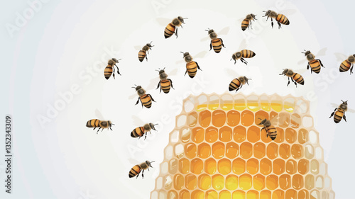 High-angle, close-up studio shot of multiple honeybees surrounding and approaching a section of honeycomb filled with honey.  The honeycomb is light golden-yellow, set against a plain white