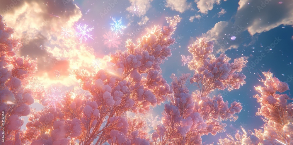 Fototapeta premium Beautiful pink trees covered with snow with bright blue skies