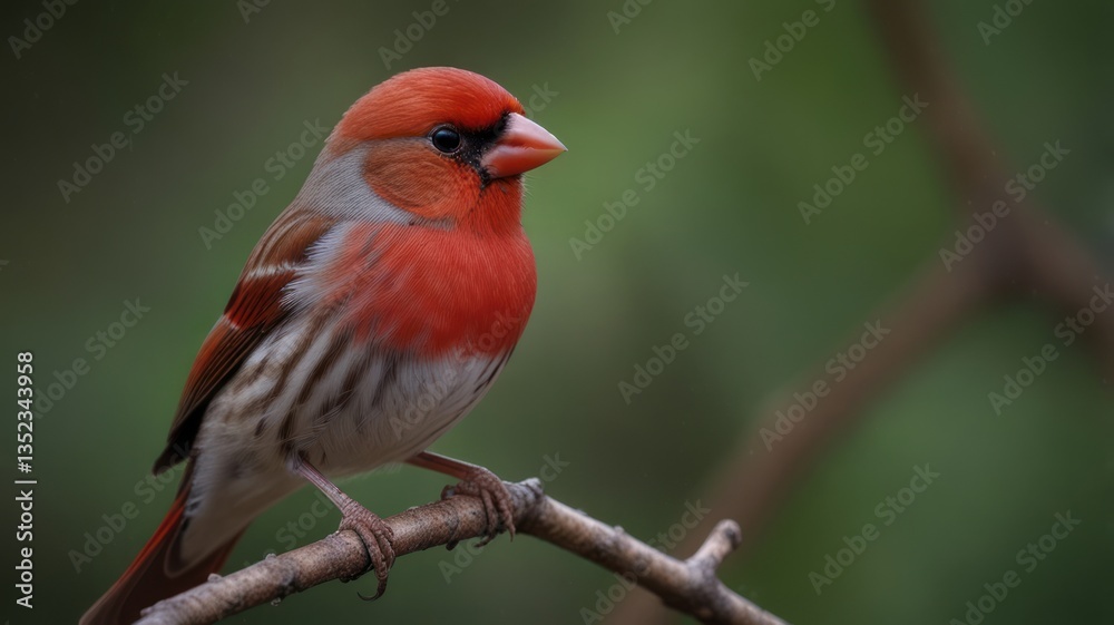 Red bird resting on a branch, looking to the left side of the shot in a forest Red bird resting on a branch, looking to the left side of the shot in a forest