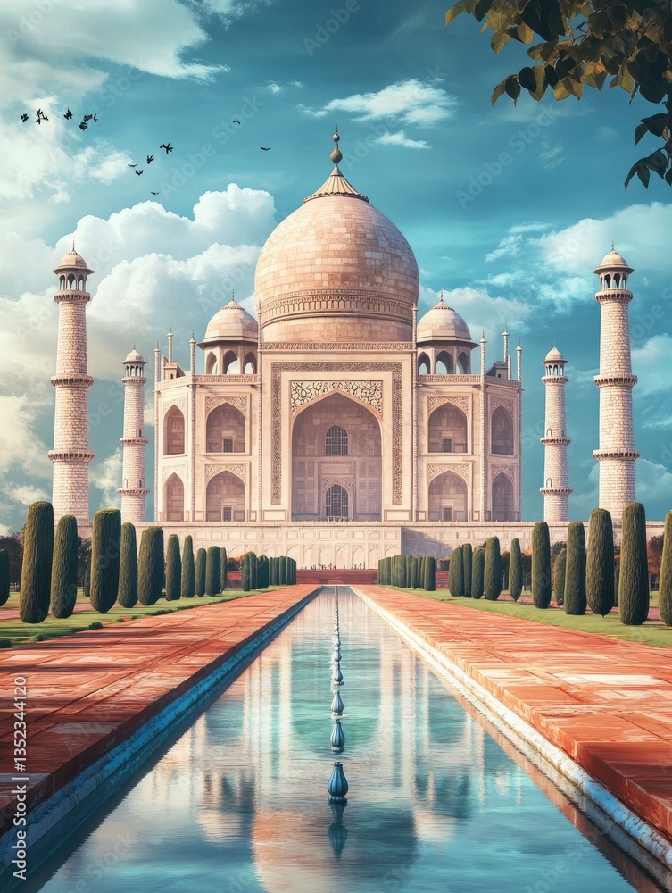 Obraz premium Visiting Taj Mahal Landmark with Water Reflection and Birds Flying