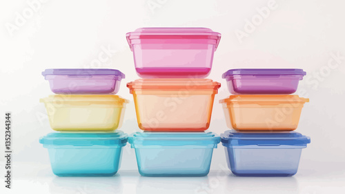 A studio shot depicting a stack of rectangular plastic food storage containers. The containers are translucent and exhibit a range of pastel colors, including shades of pink, purple, orange,
