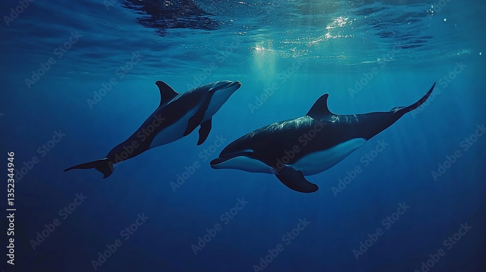 Obraz premium Two dolphins swimming gracefully in the deep blue ocean with sunlight rays