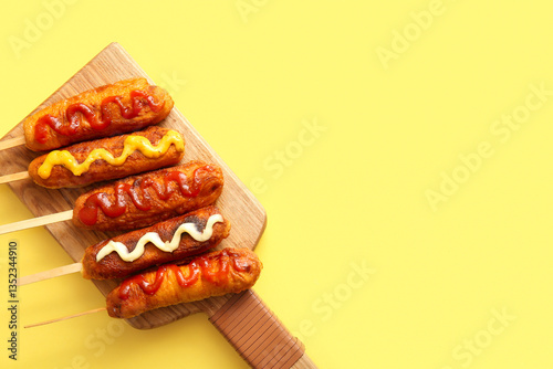 Photography Wooden board of tasty corn dogs with different sauces on yellow background