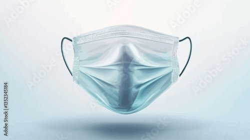 Close-up studio shot of a light blue disposable face mask against a white background. The mask is shown from the front, with its pleats clearly visible.  The mask has dark ear loops. A slight