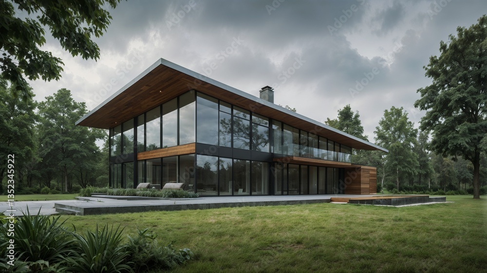 Obraz premium Modern Two-Story House Blueprint with Triangular Roof and Glass Exterior, Surrounded by Trees under Overcast Sky