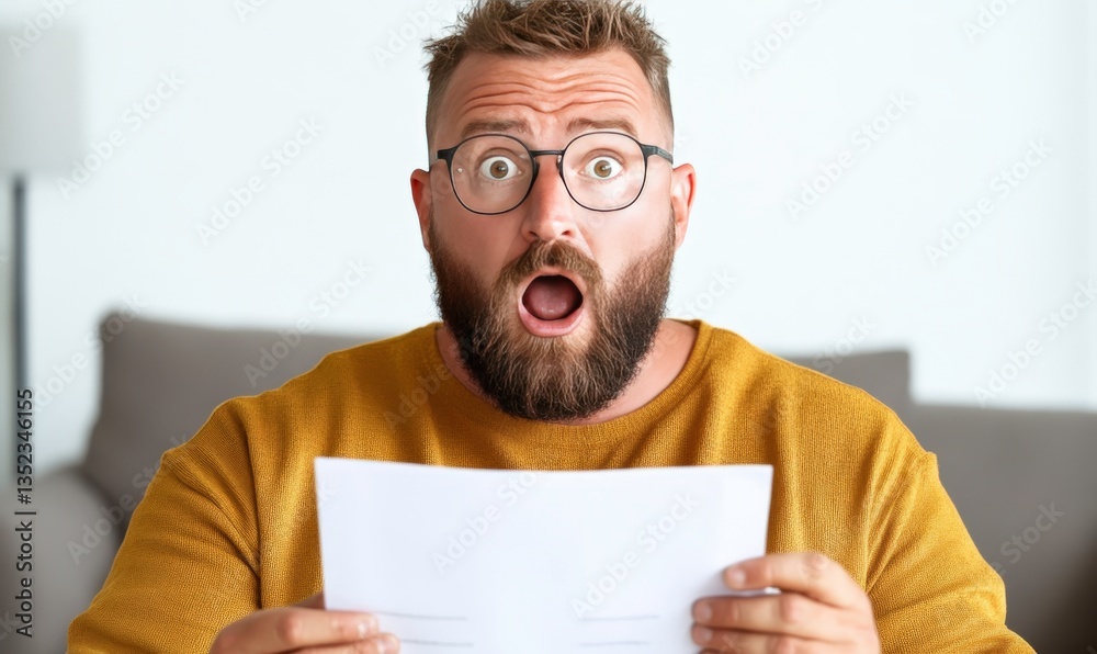 Surprised man with beard and glasses holds document in hand while sitting on sofa, expressing disbelief and shock at unexpected news indoors