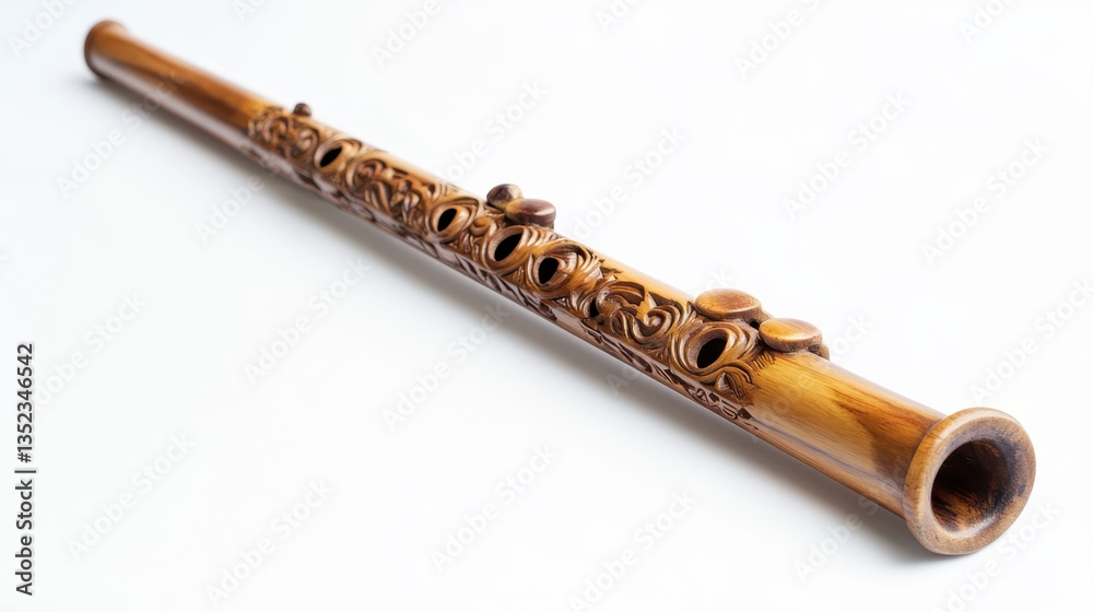 Naklejka premium Intricately Carved Bamboo Flute on White Background