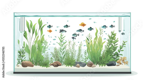 A digital illustration depicting a rectangular glass aquarium. The aquarium contains various species of small colorful fish swimming amongst a lush bed of green aquatic plants.  The substrate
