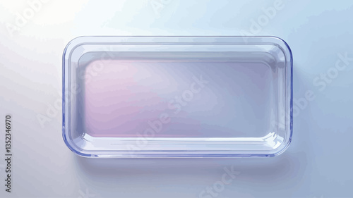 High-angle, close-up studio shot of an empty, rectangular glass baking dish on a light gray background. The dish is transparent, showing slight reflections and a subtle pastel gradient. The image