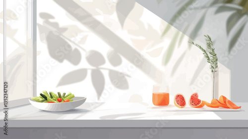 The image shows a digitally created illustration of a bright white window sill bathed in sunlight.  The light casts leaf-shaped shadows on the white surface. On the sill are two white bowls; one