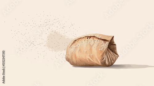 A digital illustration depicting a crumpled light brown paper bag on a light beige background.  A cloud of fine dust or powder particles is depicted dispersing from the bag, suggesting movement and