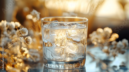 Crystal-clear water with ice, embodying purity and vitality in golden sunlight on a glass table decorated with flower