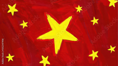 Painting of Yellow Stars on Red Background Celestial Starry Night. Horizontal Image Banner in a 16:9 Ratio