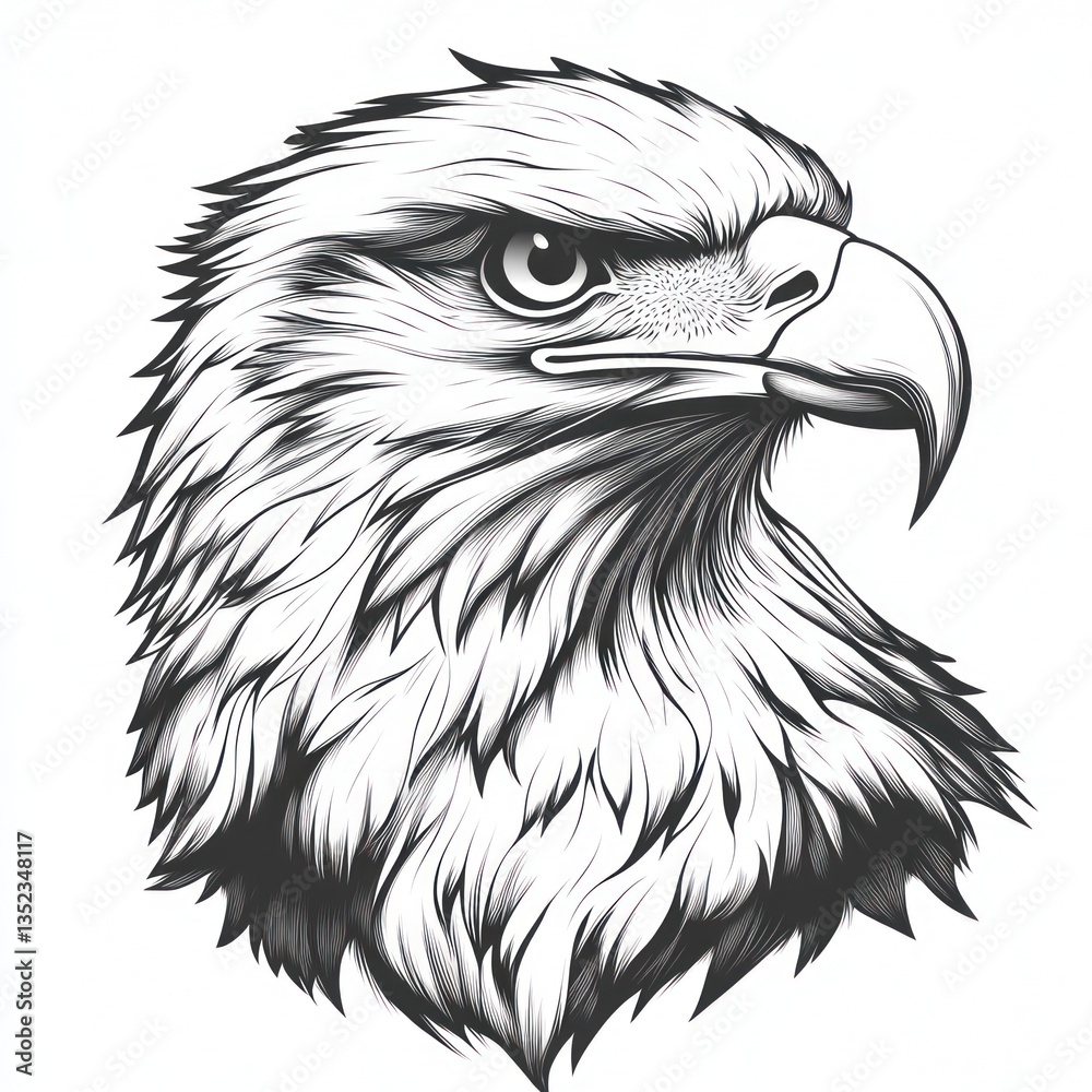 Obraz premium Majestic eagle head profile, white background, ink drawing, graphic design element.