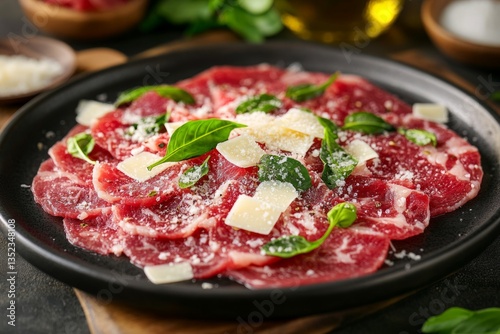 Delicious beef carpaccio appetizer featuring thinly sliced marbled beef topped with parmesan cheese shavings and fresh basil leaves, served on a black plate