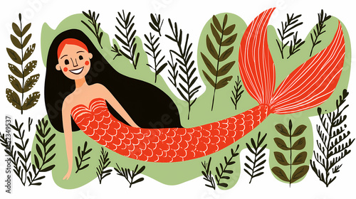 Smiling mermaid representing playfulness and fantasy in whimsical vintage-inspired design