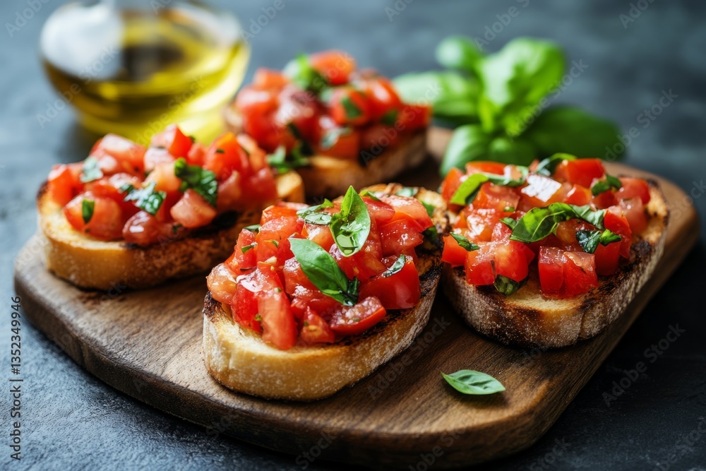 Toasted slices of bread topped with fresh tomatoes, basil, and olive oil create a simple yet flavorful italian appetizer Toasted slices of bread topped with fresh tomatoes, basil, and olive oil create a simple yet flavorful italian appetizer