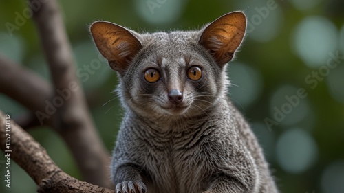 A gray bushbaby perched on a tree limb, staring with bright amber eyes in the forest