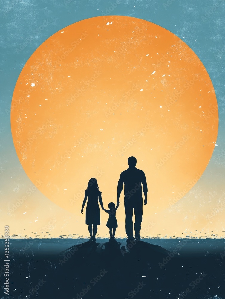 Obraz premium Silhouette of Father and Daughters Walking Against a Huge Orange Moon