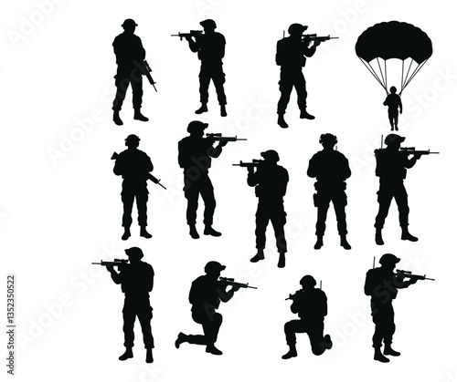 Collection set of Silhouette of Soldiers in Action with Weapons and a Paratrooper