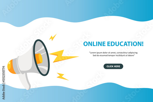 Megaphone with Online education speech bubble. Loudspeaker. Banner for business, marketing and advertising. Vector illustration.