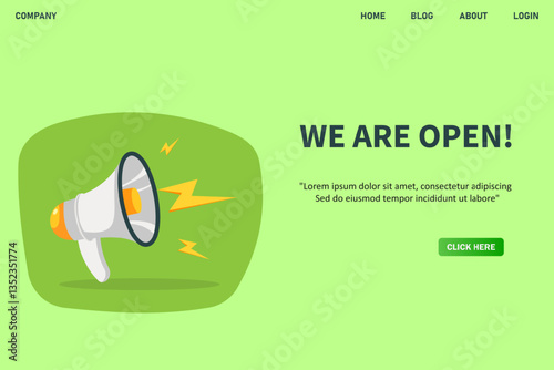 We are open, banner with megaphone. We are open speech bubble banner. Vector illustration for retail shopping online marketing template, banner, poster, and background.