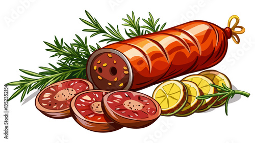 Italian cured sausage with fennel seeds, set against a white background.