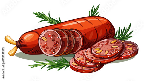 Italian cured sausage with fennel seeds, set against a white background.