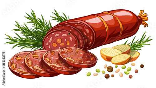 Italian cured sausage with fennel seeds, set against a white background.