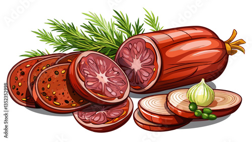 Italian cured sausage with fennel seeds, set against a white background.
