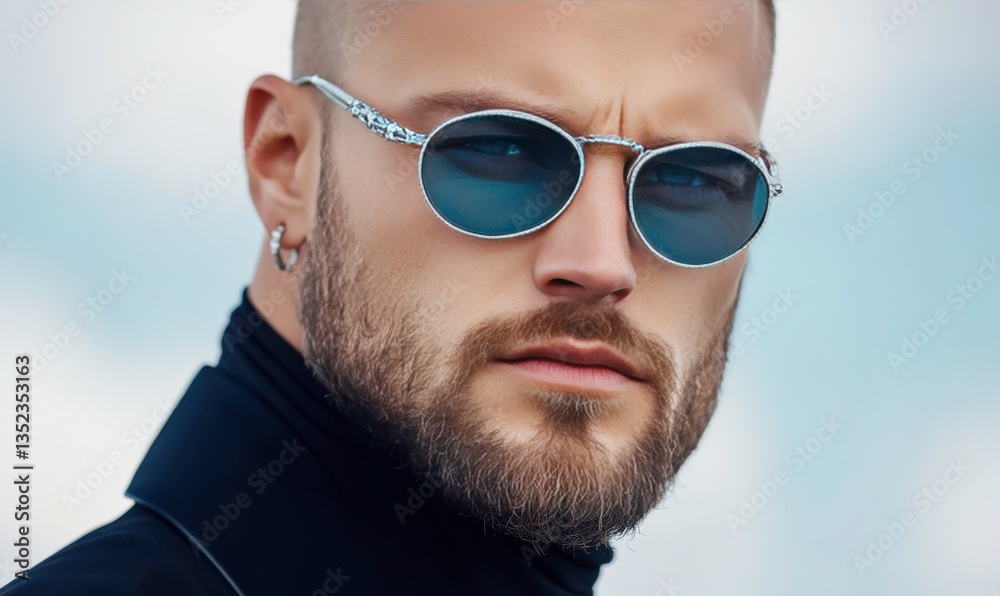 Stylish man with sunglasses posing confidently under natural light, showcasing modern fashion, striking appearance, and charismatic expression for editorial use Stylish man with sunglasses posing confidently under natural light, showcasing modern fashion, striking appearance, and charismatic expression for editorial use