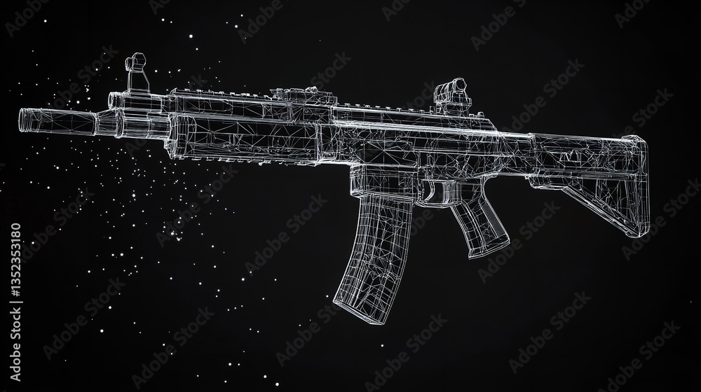 Wireframe rendering of an assault rifle with black background and white particle effects around it Wireframe rendering of an assault rifle with black background and white particle effects around it