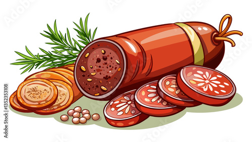 Italian cured sausage with fennel seeds, set against a white background.