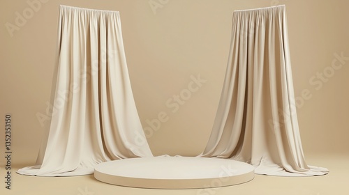 Minimalist round display platform between flowing beige curtains. Neutral background creates elegant and simple product display scene. photo