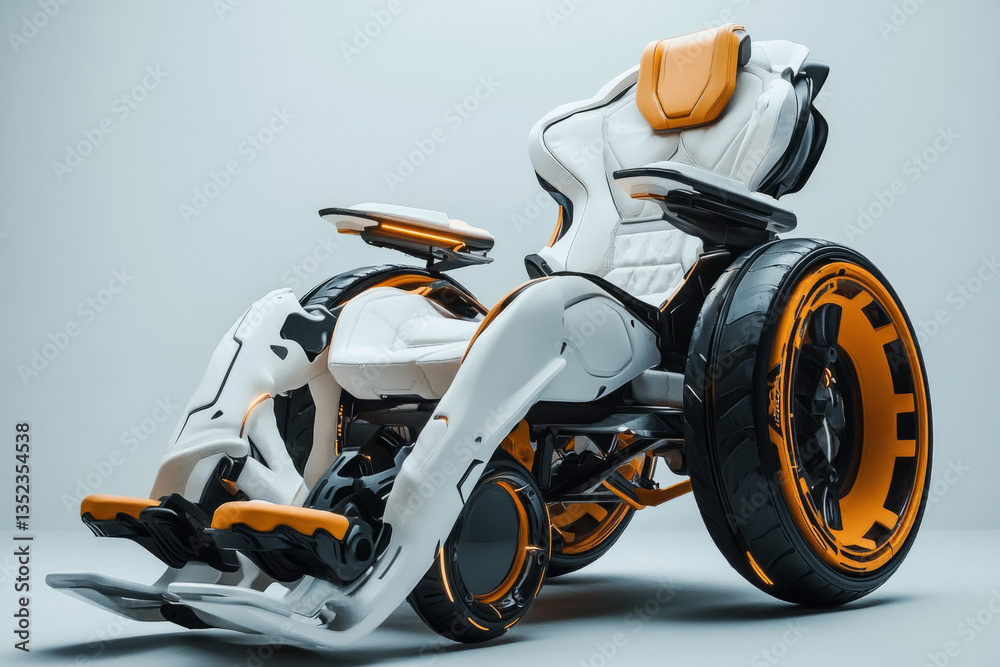 Futuristic all-terrain vehicle boasting a sleek white and orange design, showcasing innovative technology and advanced engineering Futuristic all-terrain vehicle boasting a sleek white and orange design, showcasing innovative technology and advanced engineering