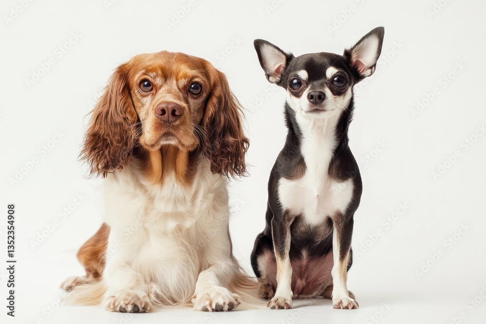 Two dogs, a brown spaniel and a black chihuahua, are sitting side by side on a white background Two dogs, a brown spaniel and a black chihuahua, are sitting side by side on a white background