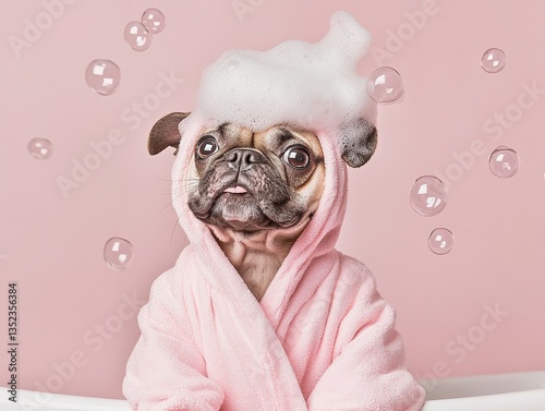 An adorable puppy with bubbles sitting in a bathtub with a pink towel. Spa and grooming concept, pet care. Photo session.