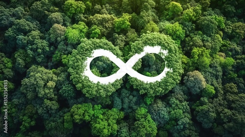 Aerial view of lush green forest with white infinity symbol formed by trees. Nature and sustainability concept highlighted in vibrant greenery scene. photo