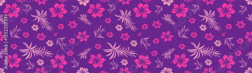 Floral seamless pattern featuring pink hibiscus flowers and tropical palm leaves on a purple background. Bold flat style, top view. Bright summer design