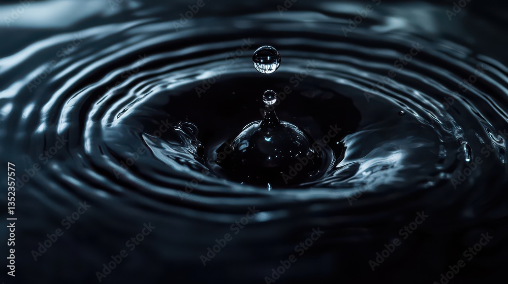 Close-up of a water droplet hitting a glossy black surface, forming a perfect sphere with surrounding ripples, against a sleek, textured black background. Close-up of a water droplet hitting a glossy black surface, forming a perfect sphere with surrounding ripples, against a sleek, textured black background.