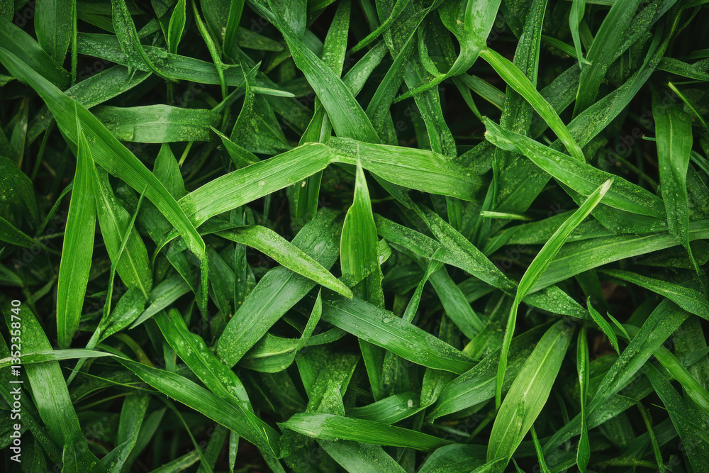 Fototapeta premium Close up: Green grass glistening with water droplets.