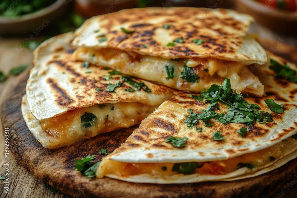 Sliced quesadillas garnished with fresh herbs are presenting melted cheese, creating a tempting culinary scene