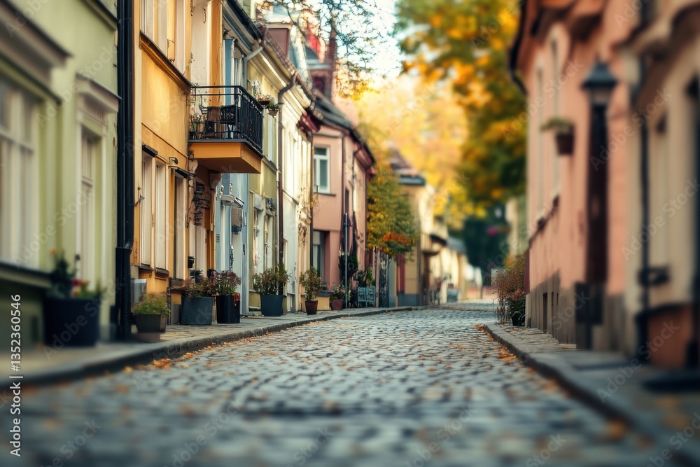 Fototapeta premium Old town street in tilt-shift style with soft focus and negative space