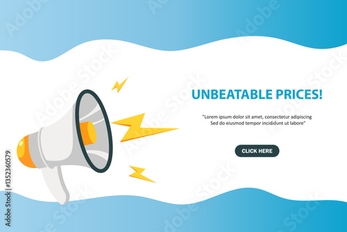 Megaphone with Unbeatable prices speech bubble. Loudspeaker. Banner for business, marketing and advertising. Vector illustration.