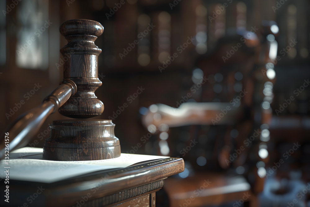Depiction of Legal Verdict, Judge's Gavel Resting on Block with Law Books Background