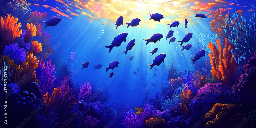 Fototapeta premium A colorful underwater scene depicting fish and coral reefs gracefully