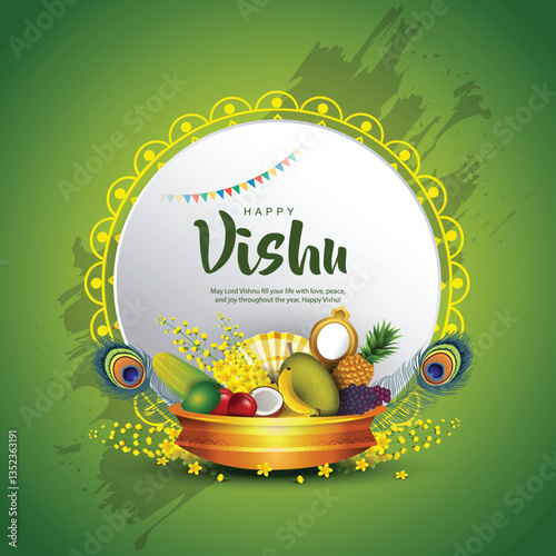 Happy Vishu greetings. April 14 Kerala festival with Vishu Kani, vishu flower Fruits and vegetables in a bronze vessel. vector illustration design