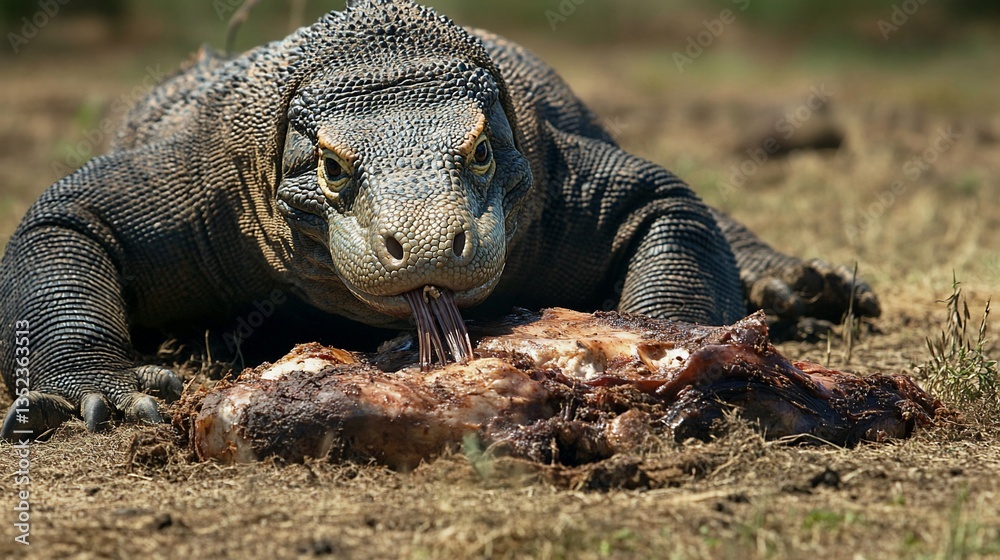 Obraz premium Close-up of a Komodo dragon devouring its prey in a natural habitat